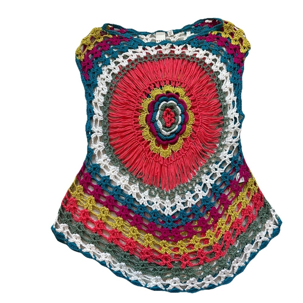 Crochet Top Sz S/M Colorful Open Knit Flower Festival Hippie Stretch Sleeveless - Picture 7 of 11